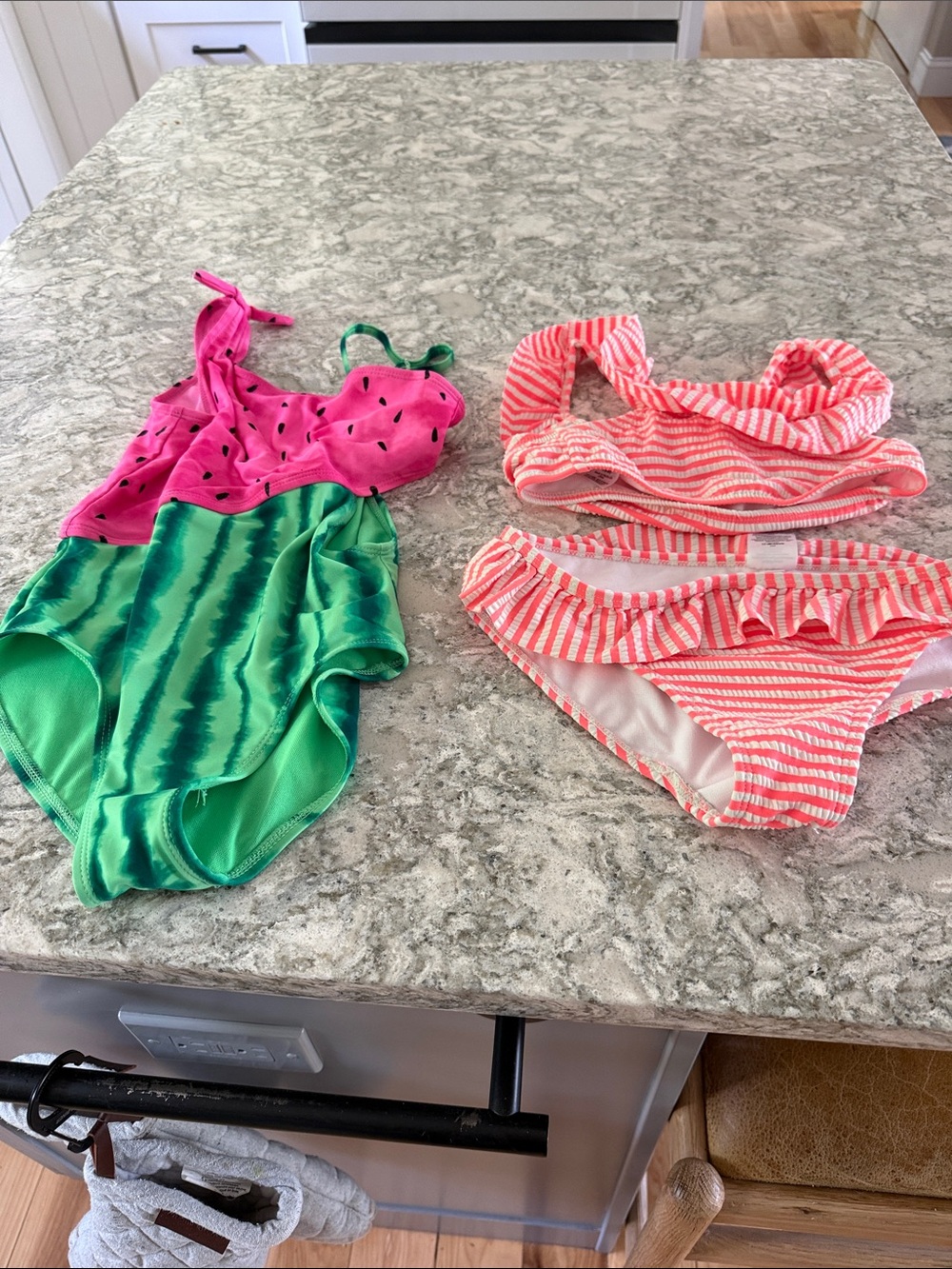 Girls Watermelon One-Piece Swimsuit + Pink Stripe Ruffle Bikini Set